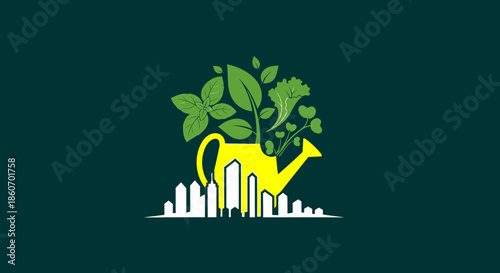 Vibrant Green Plant Vector Growing in Yellow Watering Can against Cityscape, Urban Gardening Concept for Sustainability Reports, Eco-Friendly City Living, and Environmental Growth Illustrations