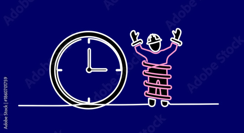 Happy business Vector Figure Jumping for Joy Next to Large Clock, Time Management Success Concept for Deadline Achievement, Work-Life Balance Articles, and Celebrating End of Shift Illustration