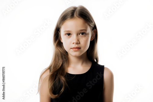 Portrait of pretty girl looking at camera standing over white background