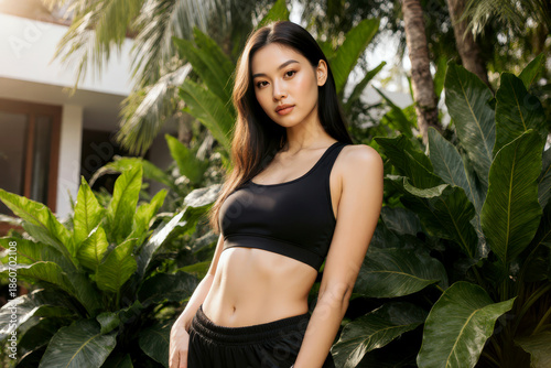 Fashion summertime portrait of sexy stunning sensual woman, posing at luxury hotel near jungle plants, wearing sport wear