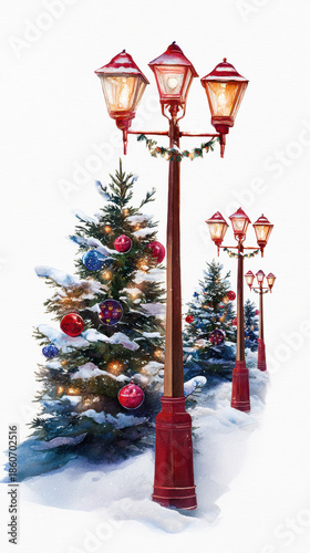 Festive Christmas street scene watercolor illustration with classic red lampposts and decorated fir trees in snow on white background, conveying holiday magic.