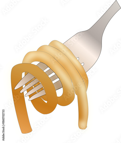 Fork twirling cooked pasta noodles illustration, tasty Italian food graphic for menus, recipe designs, restaurant branding and culinary artwork