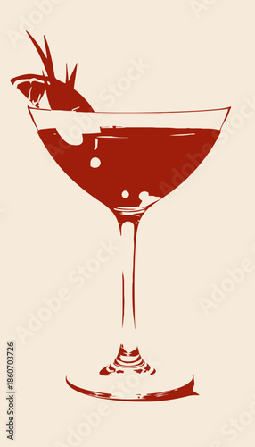 Elegant cocktail glass filled with amber liquid garnished with orange slice and rosemary against a soft beige background highlighting its refined appearance