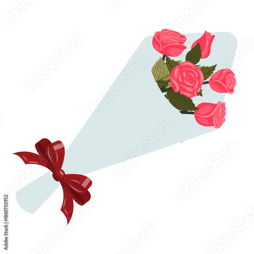 A bouquet of five bright pink roses wrapped in wrapping paper with a red ribbon bow. Vector illustration isolated on a white background.