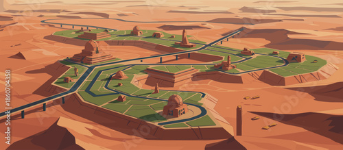 Wooden Adirondack chair rests on a sunny stone terrace in a tranquil graphic illustration, overlooking a calm sea with a vine-covered pergola overhead