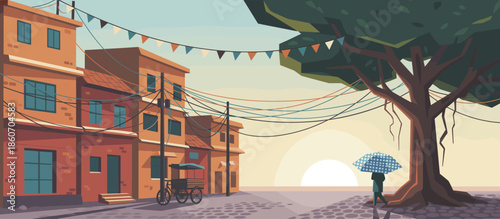 Symmetrical pink rose floral illustration with thorny branches and leaves in a vintage graphic art style with bold black outlines and a romantic mood