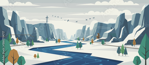 Person's bare feet balancing delicately on a small sphere in shallow water at the beach during a colorful sunset, creating ripples and reflections in a graphic illustration style