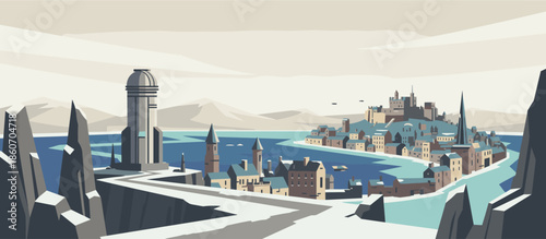 Colorful pop art style illustration of a mountain peak with a vibrant sunburst radiating in yellow, orange, and blue rays across the sky during a beautiful sunrise