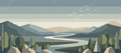 Sad and pensive woman with freckles and dark hair sits alone on a tropical shore, looking out at the sea with a contemplative expression in a stylish vector illustration