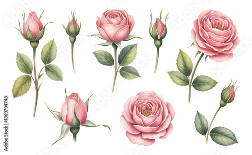 Soft pink garden roses hand painted watercolor isolated on white background. 
