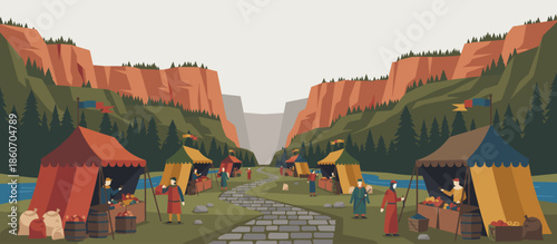 Two off-road vehicles with a rooftop tent at a jungle campsite where a couple is waxing a surfboard, depicted in a cool, graphic illustration style with bold lines