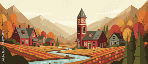 Silhouetted surfer with a surfboard walks along a sandy beach towards the ocean waves under a dramatic orange sunset sky in a graphic, retro illustration style