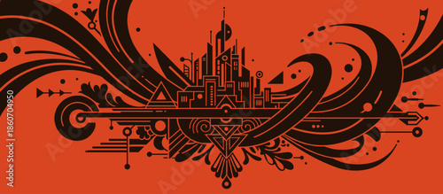 Wooden sailboat with a green hull and orange sail rests on a sandy beach in a retro comic book style illustration with a calm sea and warm sky at sunset