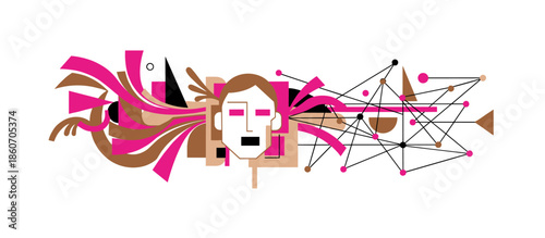 Abstract geometric illustration of a human head processing information, with creative organic shapes on one side and a logical data network on the other in a modern flat style