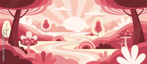 Beautiful hand-drawn illustrated bouquet of red and peach flowers in an ornate vintage vase with decorative folk art patterns and scattered petals