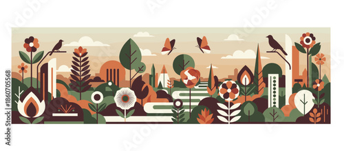 Young woman with short dark hair stands in a lush green forest, looking thoughtfully at a serene landscape in a beautiful, stylized graphic illustration