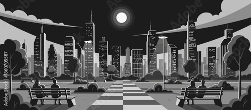 Lone hiker with a backpack and stick stands on a cliff overlooking a majestic mountain range with a glacier and an alpine lake in a cool-toned vector illustration style