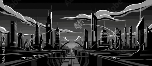 Graphic illustration of an ornate building facade viewed from a dramatic low angle at dusk, featuring warm glowing windows and a moody, swirling sky