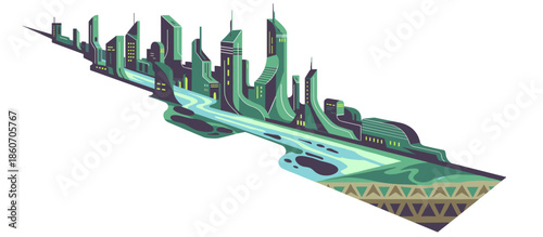 Stylized illustration of powerful ocean waves crashing on a sandy beach with dramatic cliffs under a moody, cloudy sky in a retro, graphic woodblock print style