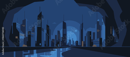 Futuristic city skyline illustration with tall skyscrapers and glowing windows inside a dark cave, reflecting in the water at night in a minimalist flat vector style