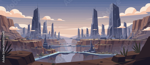 Detailed comic book style urban landscape illustration of a bustling city street with a mix of old and new buildings, an ornate lamppost, and cars in traffic