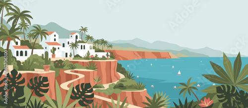 Stylized illustration of a woman practicing yoga in the Natarajasana pose, showing balance and flexibility in a serene, artistic composition with abstract shapes and foliage