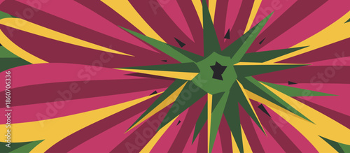 Abstract geometric explosion of sharp radiating lines in vibrant pink, yellow, and green creating a dynamic and energetic pattern with a central star shape