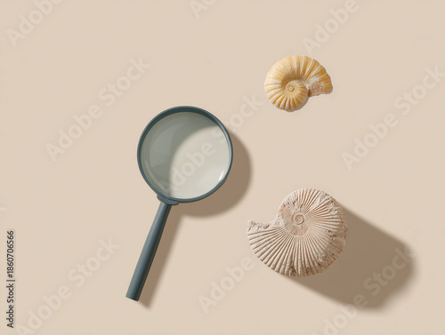 Magnifying glass next to fossilized shells on minimal beige background  