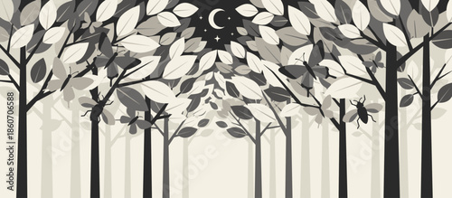 Crowded pebble beach illustration with people sunbathing and swimming by a cliffside village in a vibrant, graphic comic book art style with a limited color palette