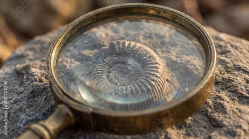 Magnifying glass focusing on fossil shell on textured stone surface  