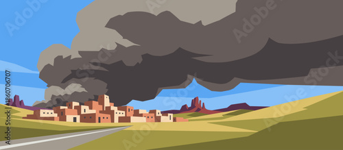 Stylized row of green evergreen trees stands in tall grass with distant mountains and a rising sun in a minimalist, flat graphic illustration with a retro color palette