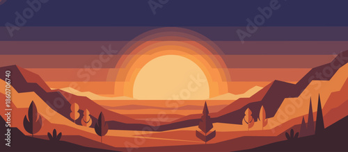 Bearded hiker with a large backpack and hat stands in a mountain landscape with a pine forest in a retro comic book illustration style with halftone textures