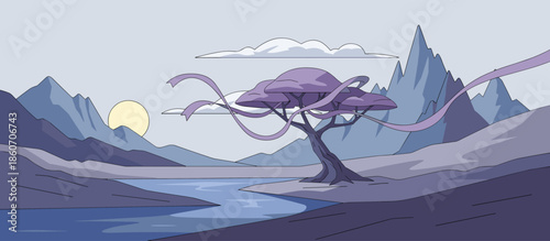 Two industrial workers in silhouette guide a large metal cage being lowered into the ocean from a platform during a dramatic sunset in a bold graphic novel art style