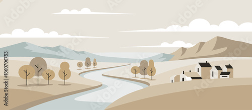 Graphic urban landscape illustration with yellow barriers and a modern glass building reflecting bare trees from a low angle perspective