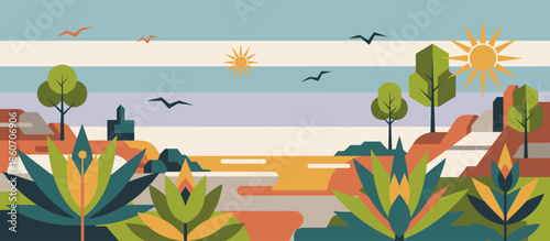 Retro vector illustration of a serene lake at sunset with a forested shoreline and distant mountains, featuring a limited color palette and halftone dot patterns