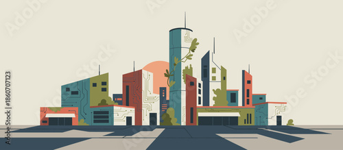 Happy illustrated couple sitting together on a beach blanket under a large striped umbrella, enjoying a sunny summer day vacation at a seaside resort with a city view