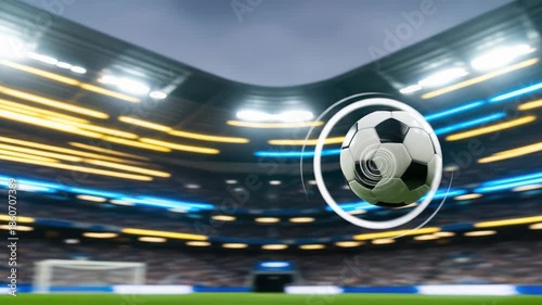 Dynamic soccer match animation, stadium lights display, futuristic broadcast visual, lively soccer