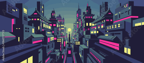 Graphic comic book style illustration of a river valley with a small village nestled among rolling hills and distant mountains under a cloudy sky with halftone dot textures