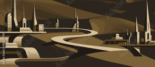 Black passenger airplane silhouette ascending through colorful, layered clouds in a retro hand-drawn illustration with bold outlines and a graphic, comic-like aesthetic