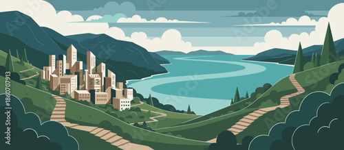 Pensive woman with long wavy hair in a graphic linocut style illustration rests by a flowing stream, depicted with bold lines and a textured, limited color palette