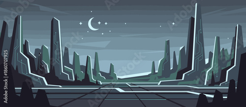 Buddhist monk in a traditional orange robe walks through a serene temple courtyard towards an ornate building with arches in a graphic illustration style