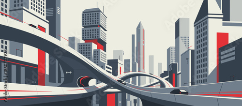 Silhouetted hiker with a backpack and dog stands atop a large rock formation, gazing at a remote desert valley in a panoramic landscape illustration