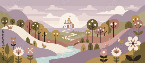 Person in a white draped robe looks out at a serene landscape with a setting sun, rendered in a minimalist graphic illustration style with bold lines and textures