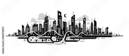 Mother doe and her young fawn stand in a snowy meadow with a dense evergreen forest in a beautiful, hand-drawn vintage linocut vector art style