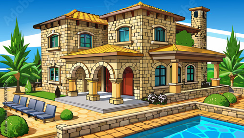 Luxury modern stone villa with swimming pool, Mediterranean style, sunlit terrace, tropical garden, outdoor lounge, elegant design, high-end real estate, vacation getaway, coastal lifestyle