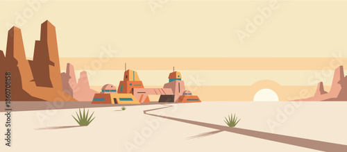 Long row of wooden beach huts stands on a seaside boardwalk, creating a strong vanishing point perspective in a graphic comic book style illustration of a calm coastal scene