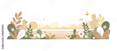 Lush green tropical leaves of monstera, alocasia, and fern in a hand-drawn vector style with abstract geometric arches creating a modern, stylish botanical composition