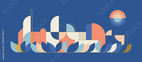 Hand-drawn coastal village illustration with houses on a cliffside, terraced hills, and a small boat sailing on the calm turquoise sea in a graphic, retro comic book style