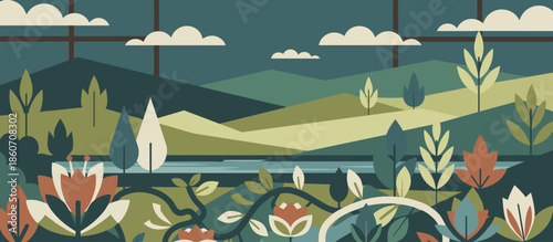 Winding pink road snakes through a scenic rural landscape with green hills, trees, and distant mountains in a hand-drawn, textured illustration style with a limited color palette