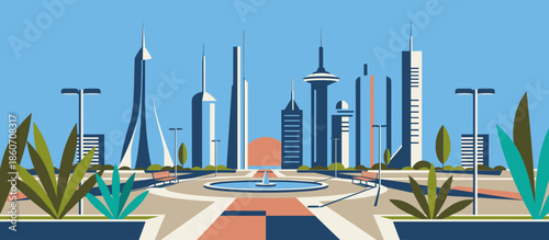 Graphic illustration of tropical foliage framing a flying airplane in a blue sky, evoking a sense of summer vacation and exotic adventure